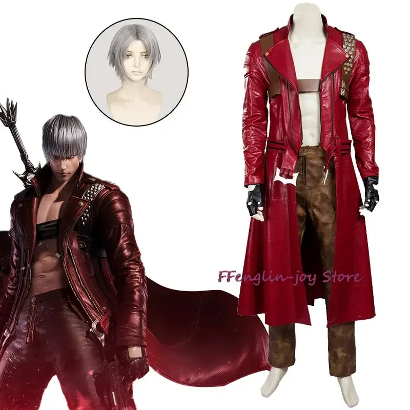 

Devil cos may sing 3 cosplay costumes Dante MEN'S game uniforms wig red long poncho jacket set Halloween carnival costumes