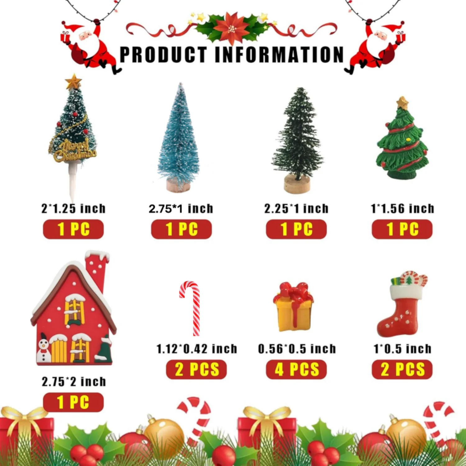 Lot De 5 Décorations De Gâteaux De Noël – Père Noël, Rouge-gorge, Sapin De Noël, Houx Et Panneau Merry Christmas – Décorations De Cupcakes Non Comestibles Et Réutilisables