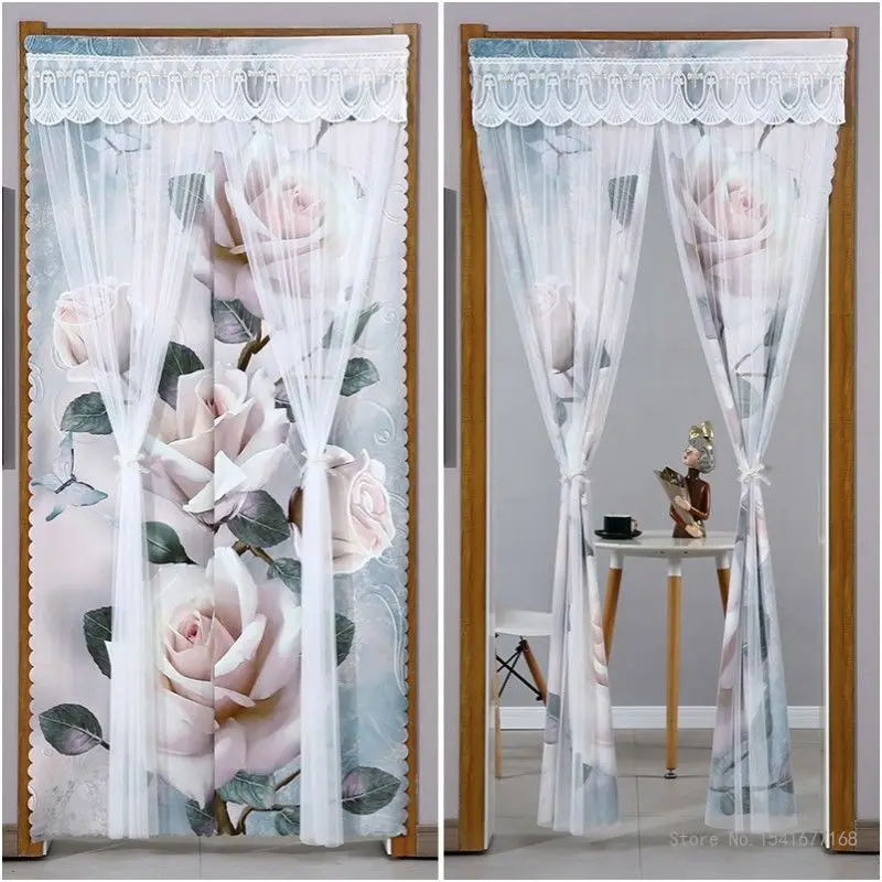 Summer Anti-Mosquito and Insect-proof Lace Anti-fly Curtain Kitchen Bedroom Decor Double Layered Double Opening Door Curtain 1Pc
