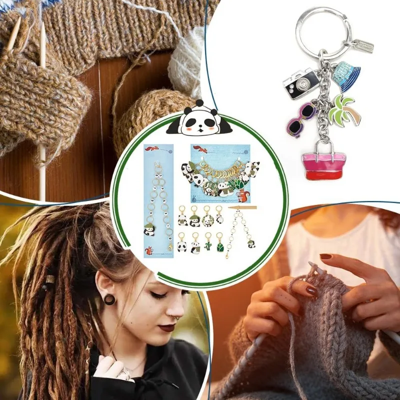 1 Pcs Panda Knitting Row Counter Chains and 16 Pcs Panda Stitch Markers Alloy Enamel Stitch Marker for Knitting Weaving Sewing