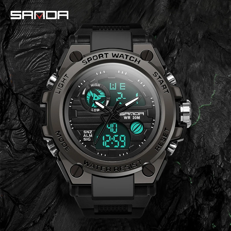 Sanda Top Luxury Military Men Watches Dual-Movement Electronic Wristwatch Fashion Multifuncional Digital Waterproof Sport Watch