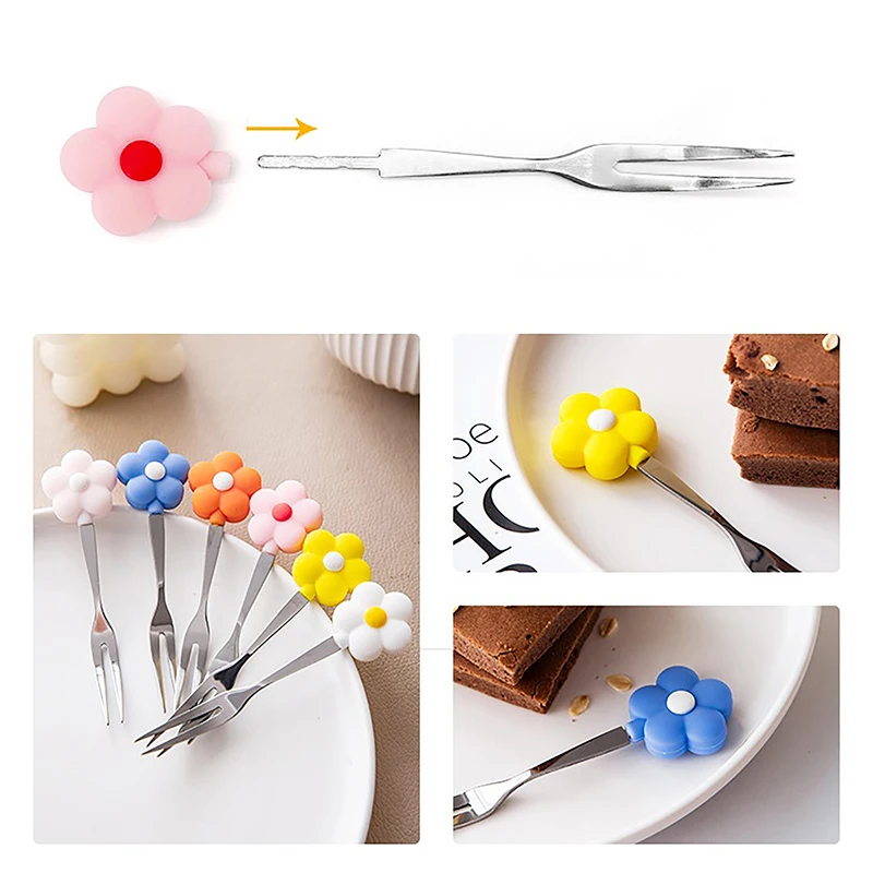 Flower Shape Stainless Steel Fruit Fork Cake Dessert Lovely Mini Salad Forks Cartoon Cute Children's Food Flatware Kitchen Tool