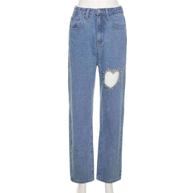 Female Mom Jeans High Waist Women Blue Heart Hole Diamond Denim Trousers Straight Leg Baggy Ripped Pants Streetwear 2021 Jeans