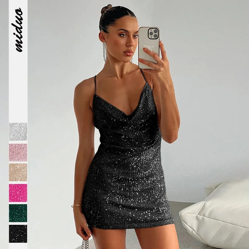 

Glitter Bodycon Sexy Dress Sequins Sleeveless Back Cross Birthday Party Sexi Night Dress Hot Streetwear Nightclubs Mini Vestido