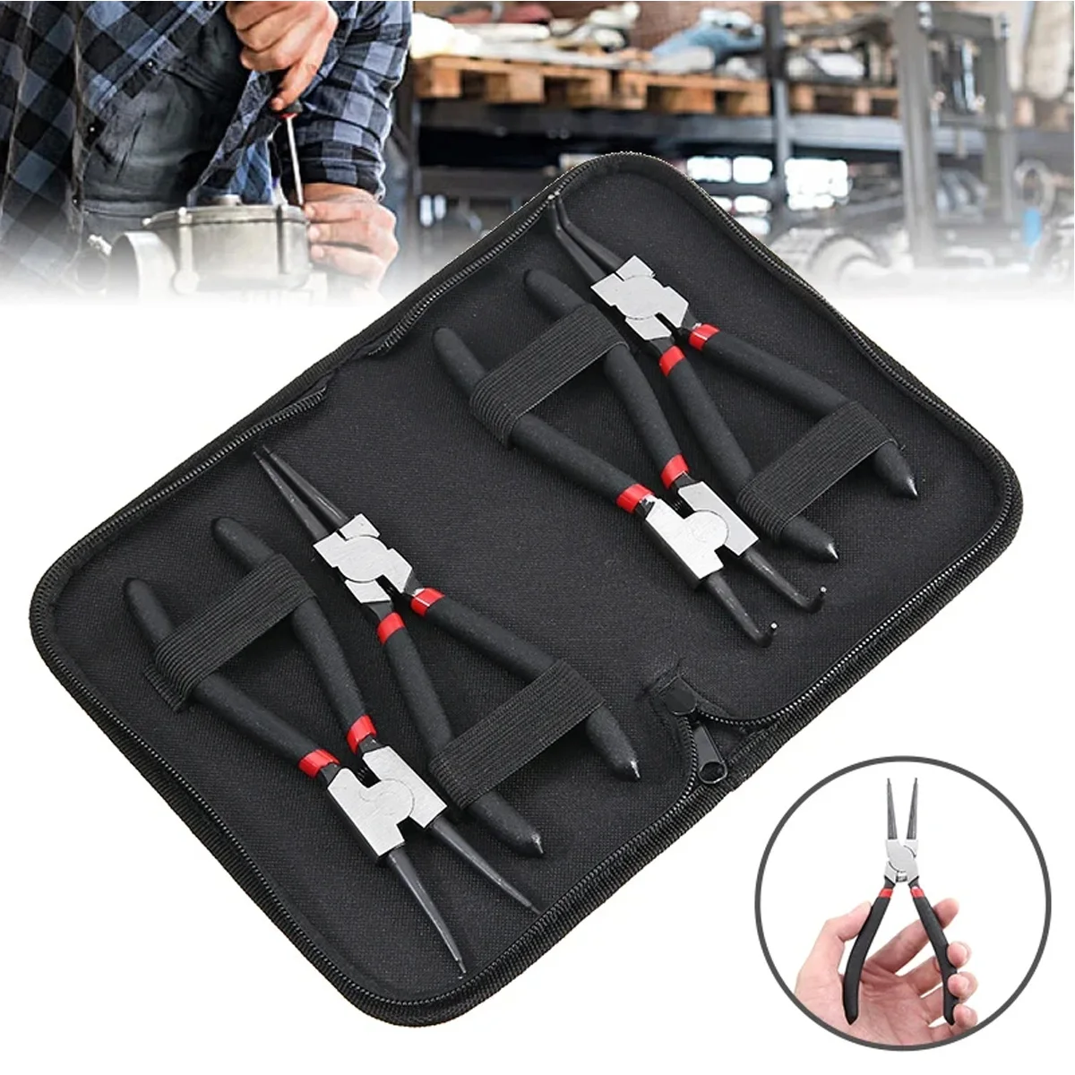 4Pcs Long Nose Plier Circlip Set with Storage Bag 7'' Pliers Staight Bent Plier Inner Outer Retaining Snap Ring Remover Tool