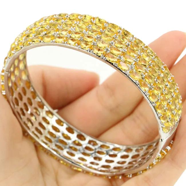 

40g 925 SOLID STERLING SILVER BRACELET European Design Big Iolite Golden Citrine Purple Spinel Green Peridot Bangle