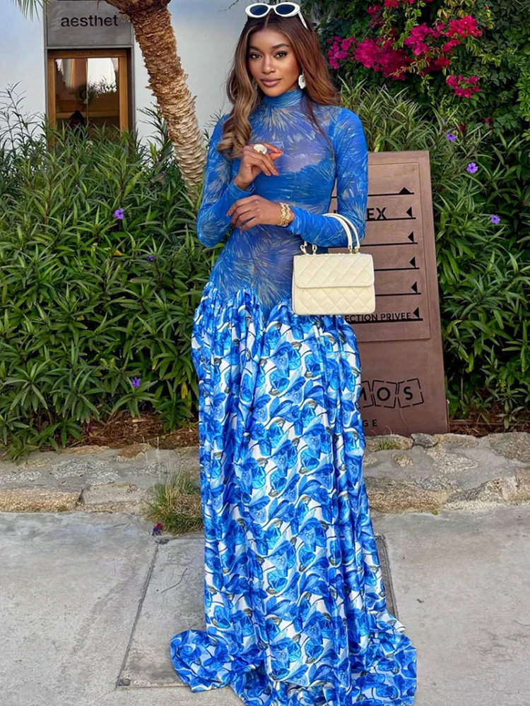 Nibber Colorful Print Maxi Dress Turtleneck Patchwork See Through Full Sleeve Big Hem Elasticity Vacation Art Style Vestidos