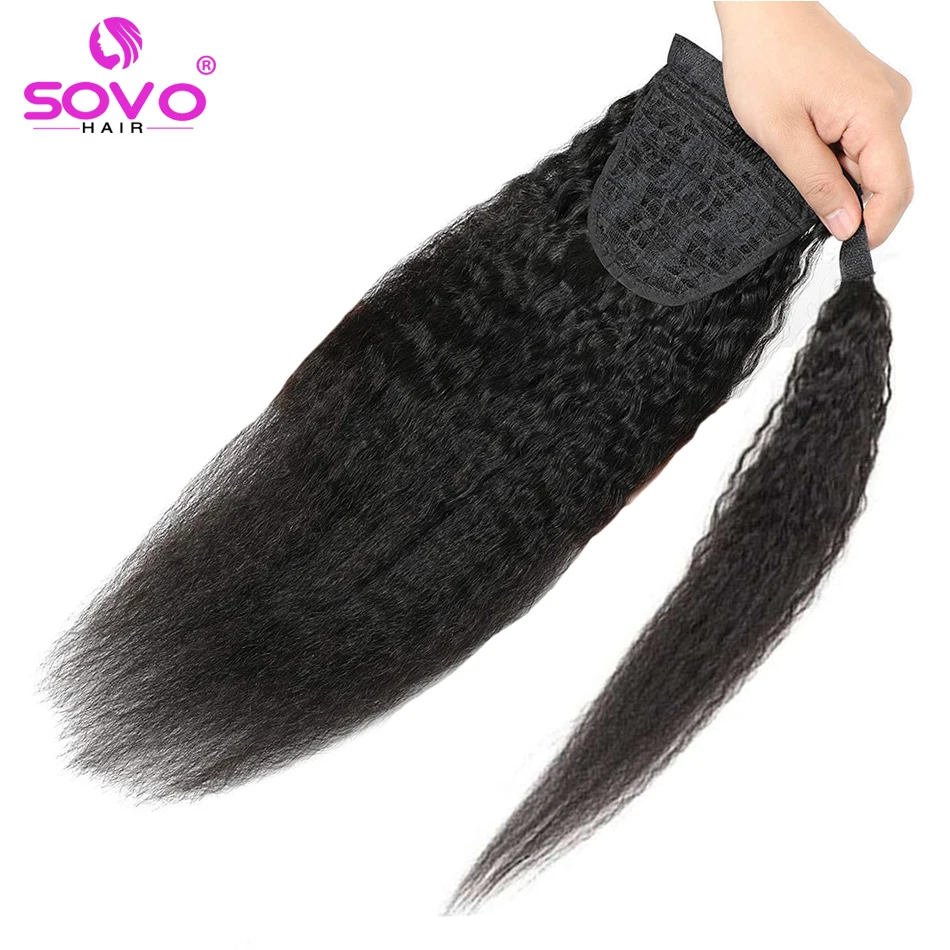 Kinky Straight Ponytail Yaki Human Hair Hairpiece Wrap on Clip In Hair Extensions Brown Pony Tail Natural Remy Brazilian Hair