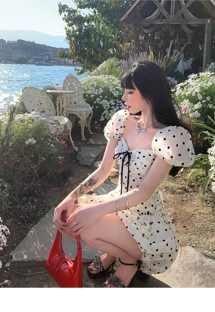 Polka Dot Birthday Party Dress Off Shoulder Puff Sleeve A-line Ball Gown Mini Dresses for Women Korean Fashion One Piece Vestido