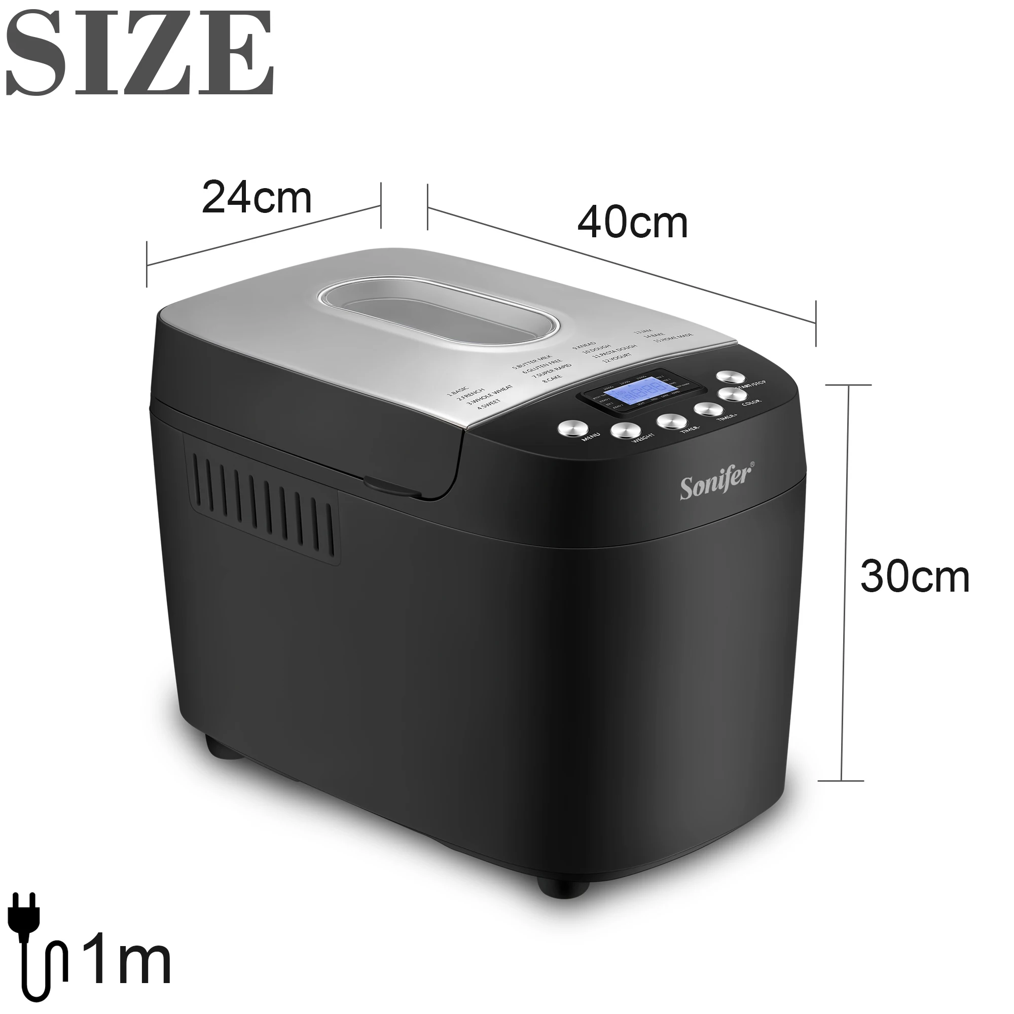 1.5kg Automatic Bread Machine, 850w Programmable, 15-hour Pre-set Timer, Control Panel With Lcd Display Sonifer