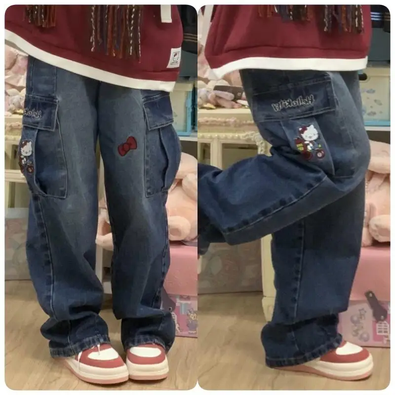 

Y2K Sanrio Kawaii Cartoon Jeans Cute Hellokitty Anime Cargo Jeans Bow Knot High Waisted Straight Leg Wide Leg Pants Jk Girl Gift