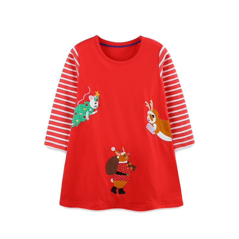 Europe and America wind childrens skirt autumn new round neck girl dress Christmas embroidery long sleeve childrens skirt