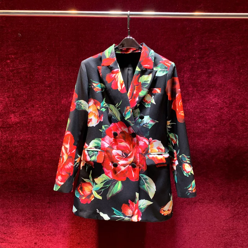

European and American women's wear for winter 2022 Long-sleeved suit collar double-breasted fashion Floral print trench coat