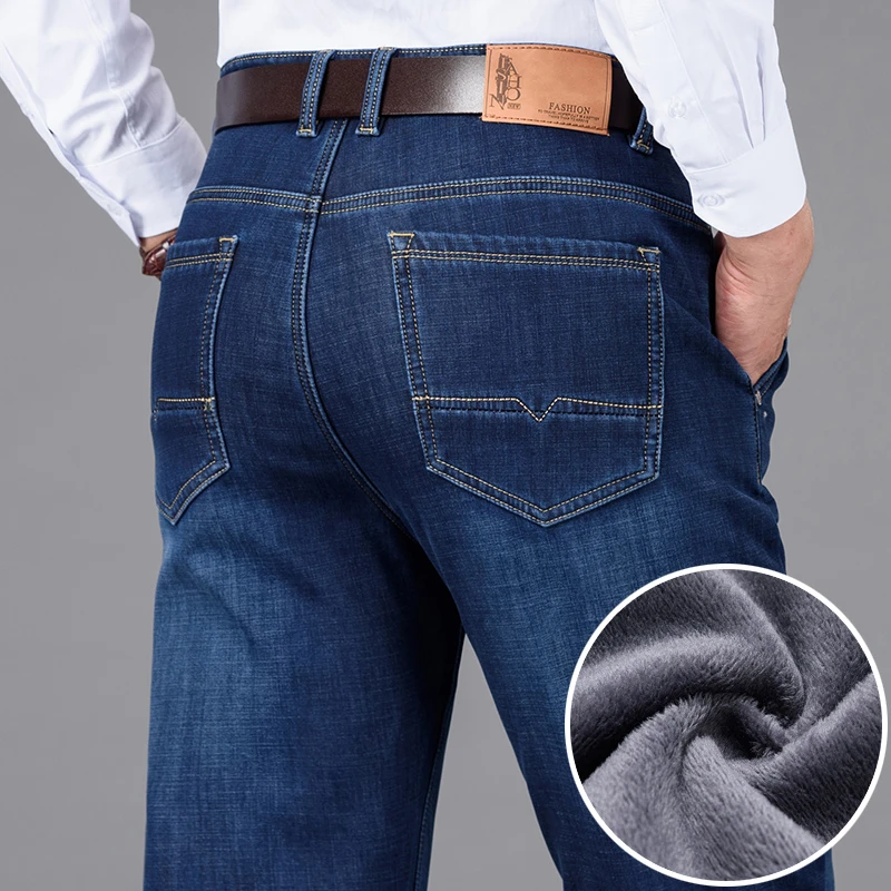 Pantalones vaqueros de estilo clásico para hombre, Jeans de negocios cálidos, informales, de elástico, gruesos, de lana, de marca, a la moda, Invierno|Pantalones vaqueros| - AliExpress