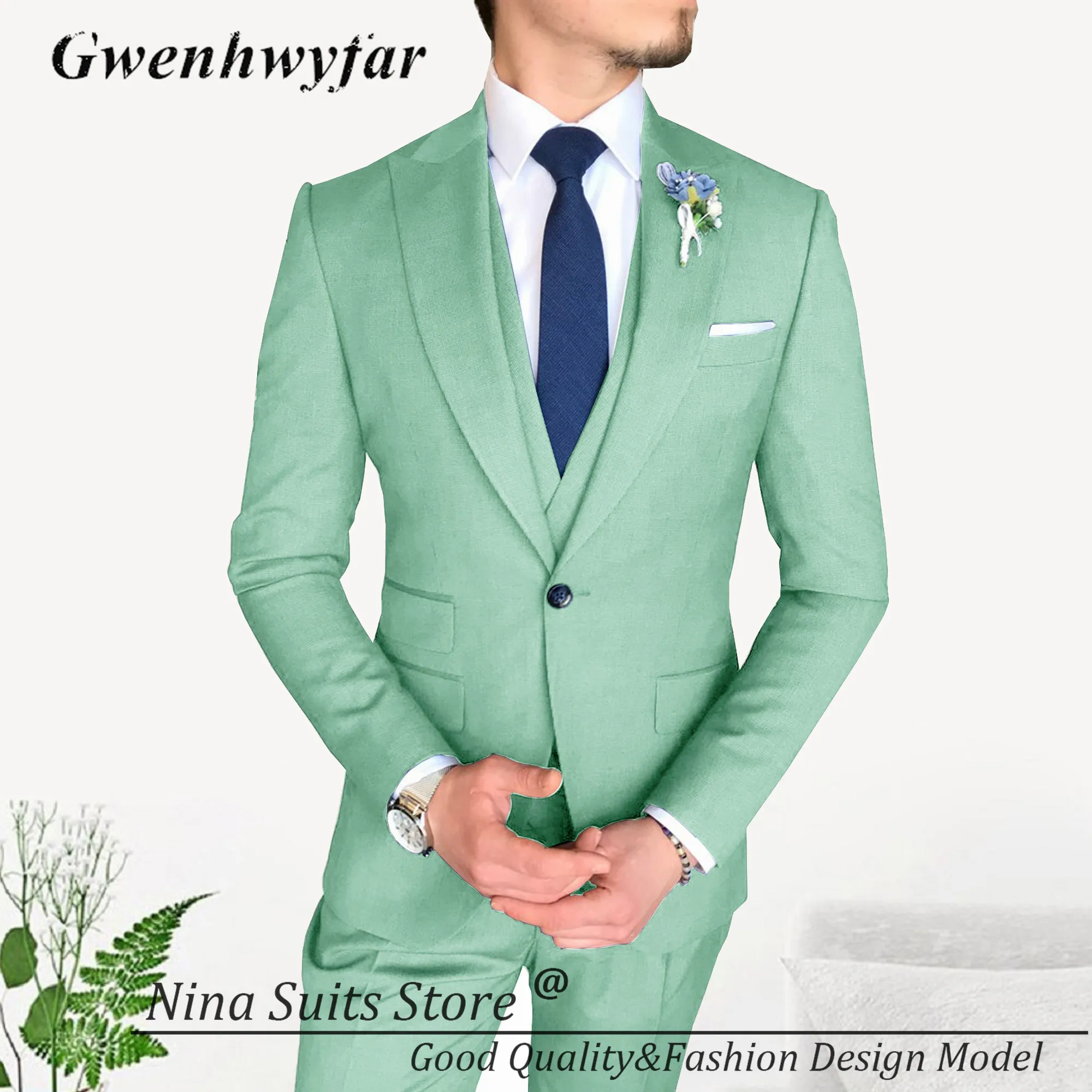 Nina Store New Men Suits Sky Blue Peak Lapel Single Breasted Formal Wedding Groom Brigdegroom Tuxedos Blazer with 3 Pockets