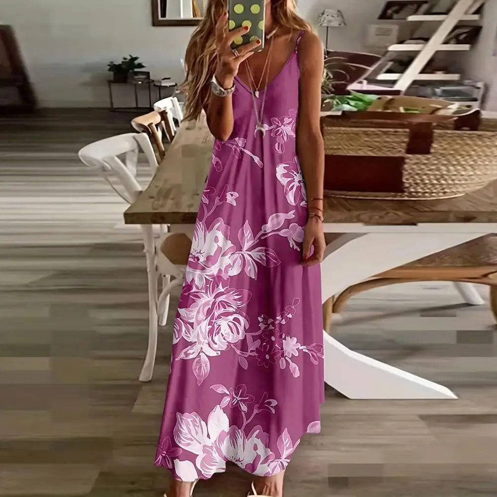 

Loose Fit Dress Bohemian Style Floral Print Maxi Dress for Women Vacation Beach Sundress with V Neck Strappy Design Soft Fabric