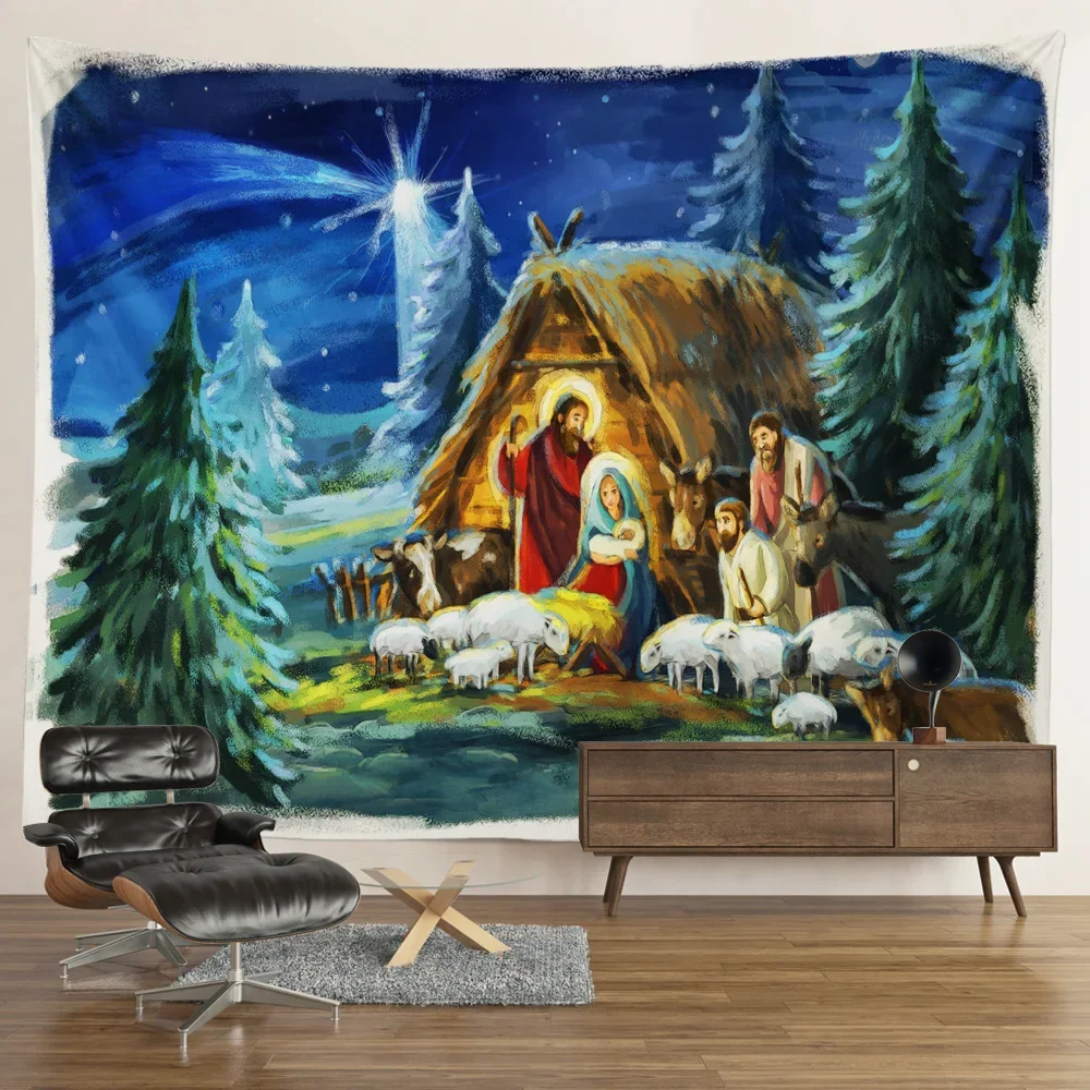 Nativity hanging angel tapestry Jesus birth manger barn wall hanging Easter Christmas decoration Christ tapestry aesthetic tapestry decor wall flag decor
