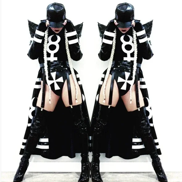 

Female Girl Black Long Clock Jakcet Bodysuit Dj Singer Costumes Women Hip Hop Jazz Dance Costume Sexy Nightclub Clothes