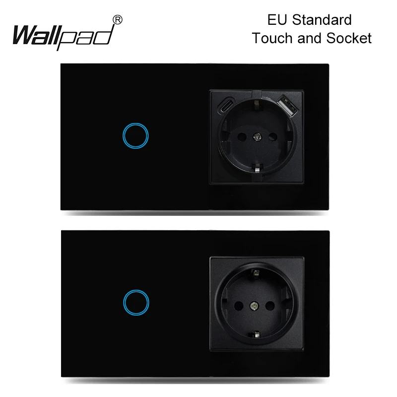 EU 1 Gang Touch Switch And Wall Power Socket with USB Type-C Charging Ports Wallpad 157x86mm Black Glass Panel Smart Home