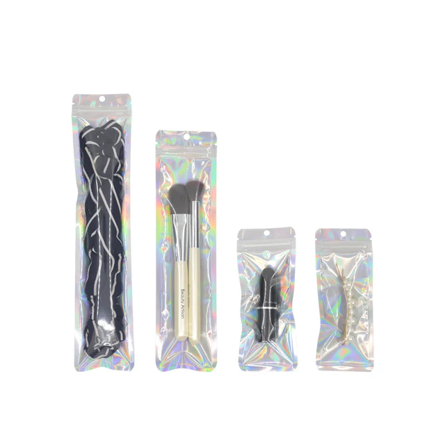 100 pièces hologramme feuille d'aluminium et sacs transparents à fermeture éclair longue pochette en plastique montre stylo bijoux cosmétiques Usb données câble sacs 1