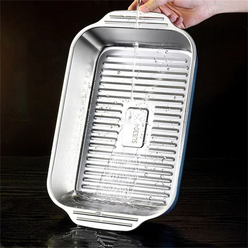 304 Stainless Steel Grilled Fish and Crayfish Tray with Lid Rectangular Induction Cooker Deep Dish BBQ Beef Food Plate