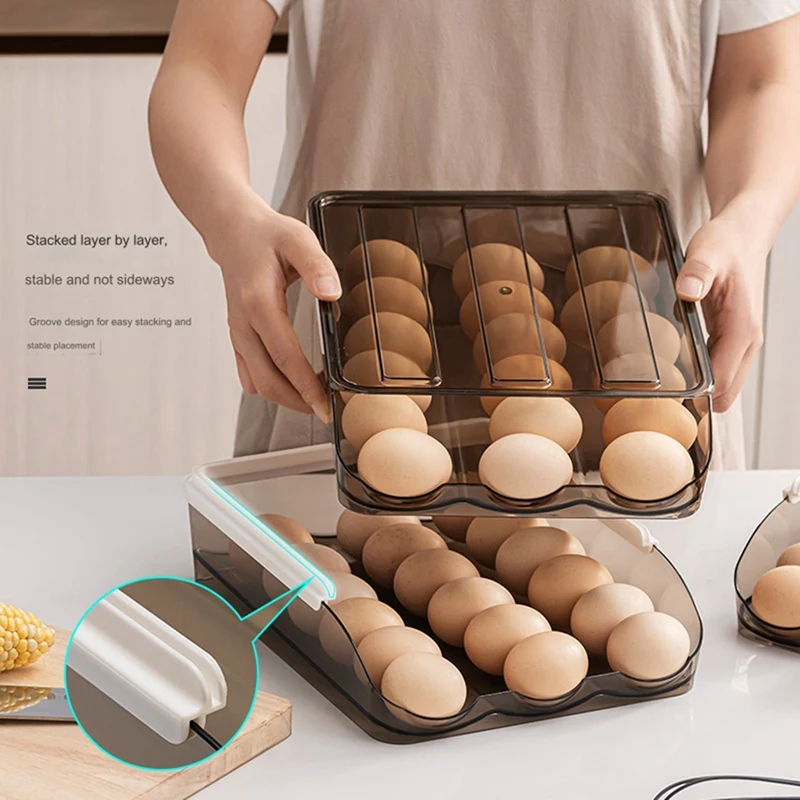 

Egg Holder For Fridge,Automatic Rolling Egg Container For Refrigerator,Stackable Fridge Organizers And Storage+Lid