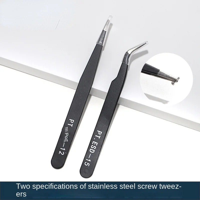 Stainless Steel Tweezers Elbow Straight Head Black Anti static Glasses