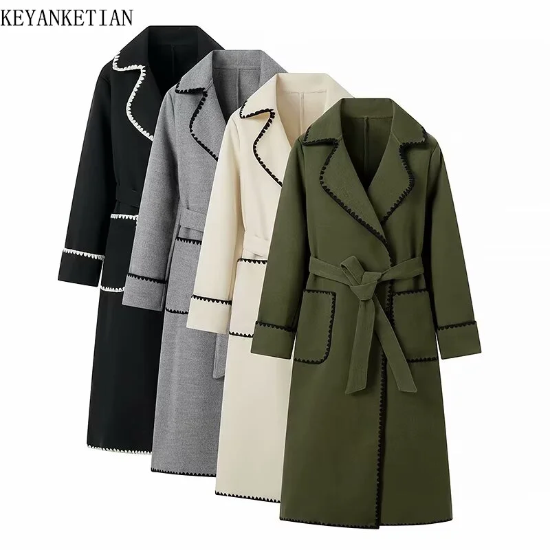 

KEYANKETIAN 2024 New Launch Women's Striped Trim With Belt Woolen Coat Notched Collar Pockets Thick Oversize Long Outerwear Top