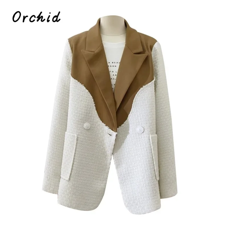 

Korean Style Fashion Blazer Coat Women High-end Chic Patchwork Double Breasted Jacket 2023 Autumn Winter Office Ladies Clothes