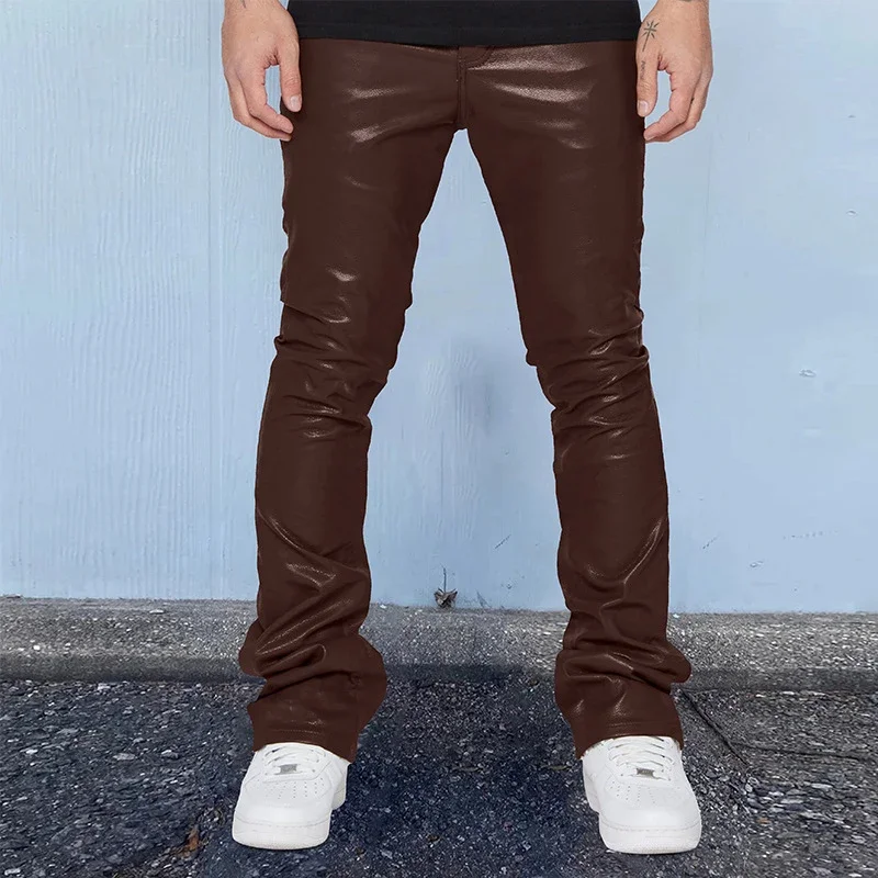 2024 Spring Retro Slim Fit Leather Pants Men's Fashion Solid Color PU Pants Casual Men's Tights