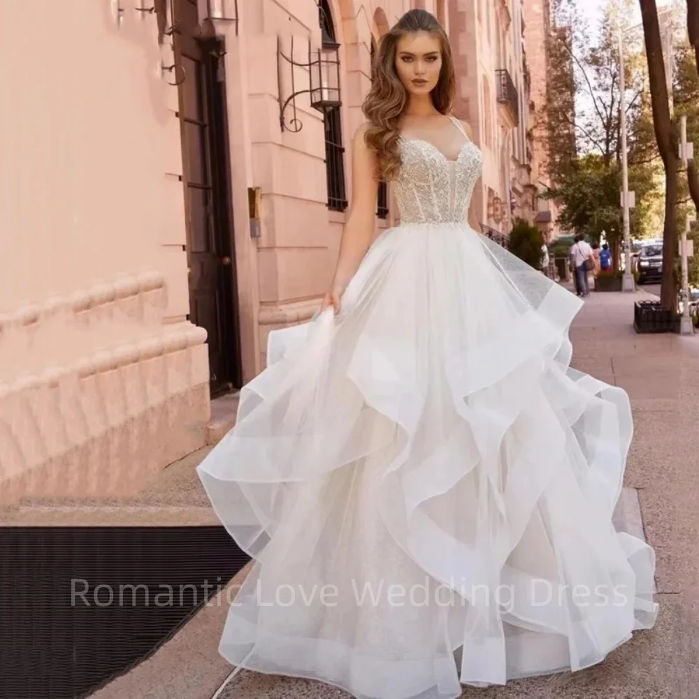 

Elegant Lace Tulle Wedding Dresses For Woman 2024 V Neck Sleeveless Pearls Spaghetti Straps Bride Gown Pleat Vestido De Noiva