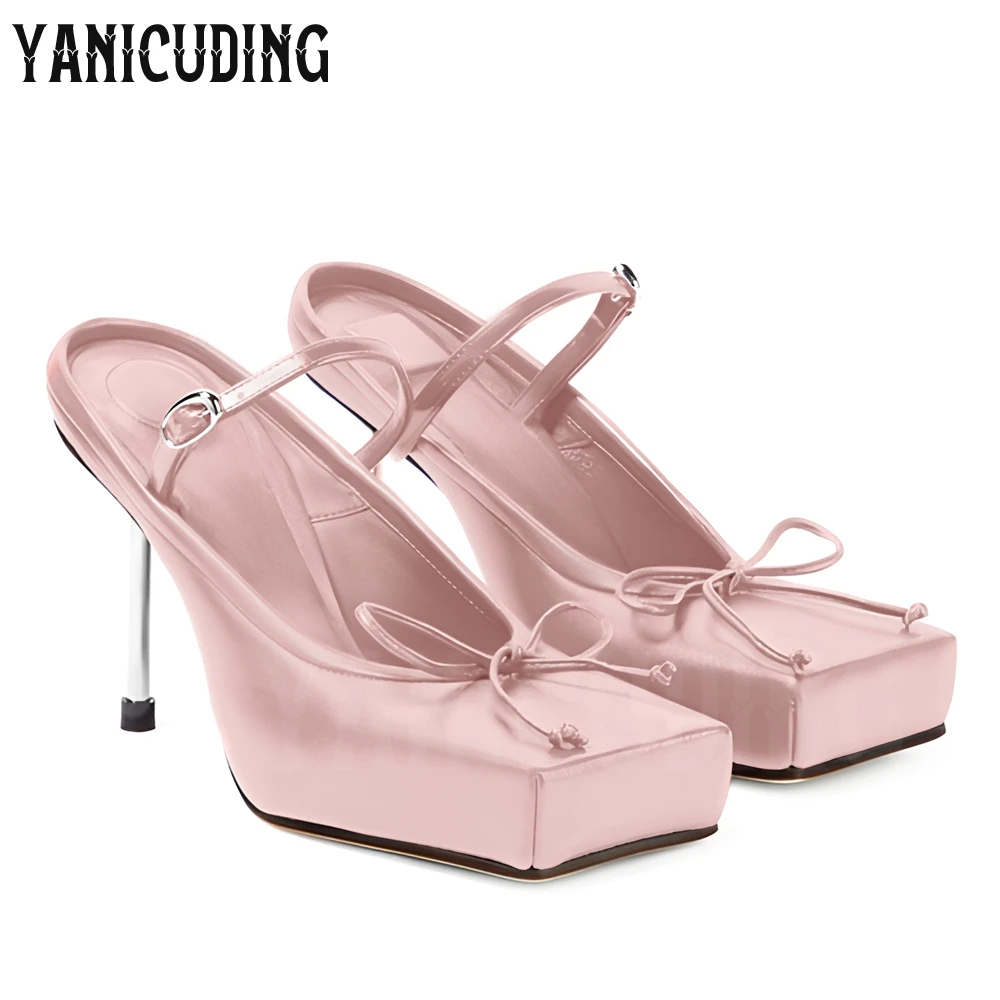 Square Toe High Heeled Mules for Women Novelty Designer Style Slip On Slippers Unique Style Ballet Mules Buckle Slip On Sandals