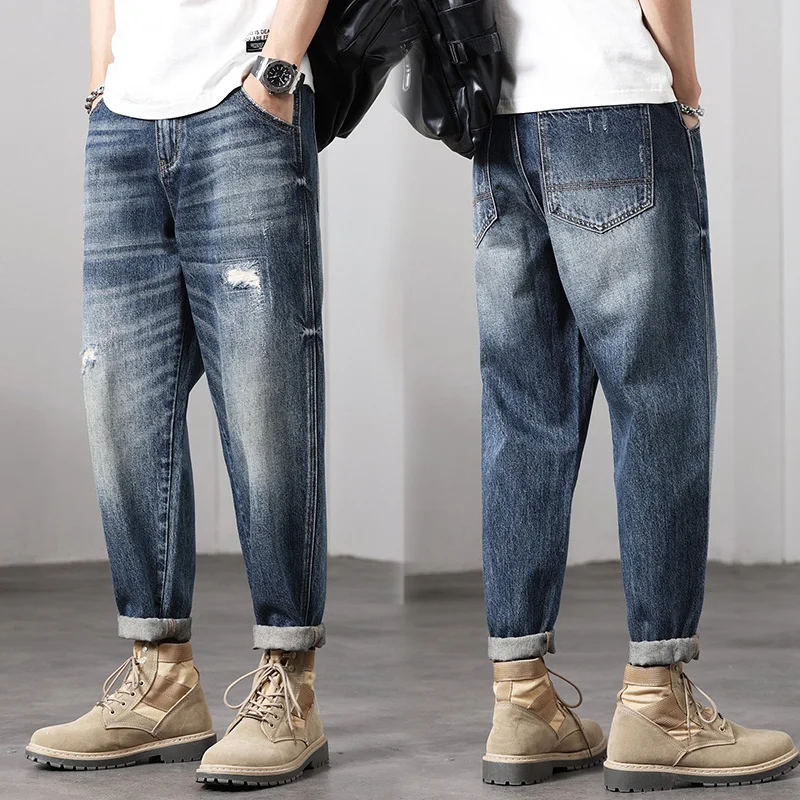 2024 New Fashion Men's Ripped Jeans Retro Casual Wide Leg Baggy Jeans Trendy Hip Hop Street Wear Y2K Men's Jeans Men's Clothing