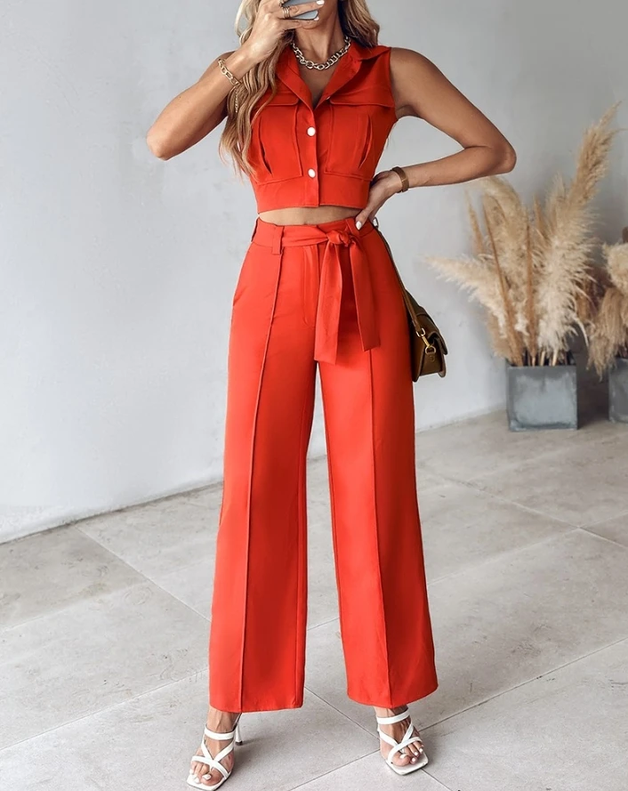 Pants Set Women 2 Piece Buttoned Lapel Collar Vest Top Female Clothing Outfits Spring Summer Tied Detail Straight Leg Pant Set