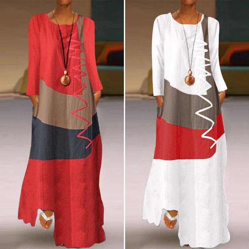 

Stitching Long Dress Casual Long Sleeve Tunic Vestidos Women's Cotton Linen Robe ZANZEA 2023 Women's Autumn Sundress