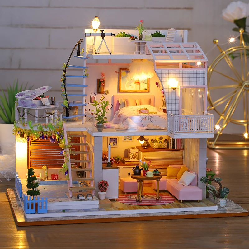 Maison De Poupée Miniature En Bois Puzzle 3D - Kit Assemblage 2 Pièces - Style Cottage - 12 Ans Et Plus