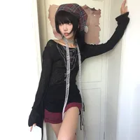 Karrram japonais Y2k hauts tricotés Grunge tatouage imprimé T-shirt à manches longues côtelé Vintage Harajuku froncé tricots années 2000 gothique 5