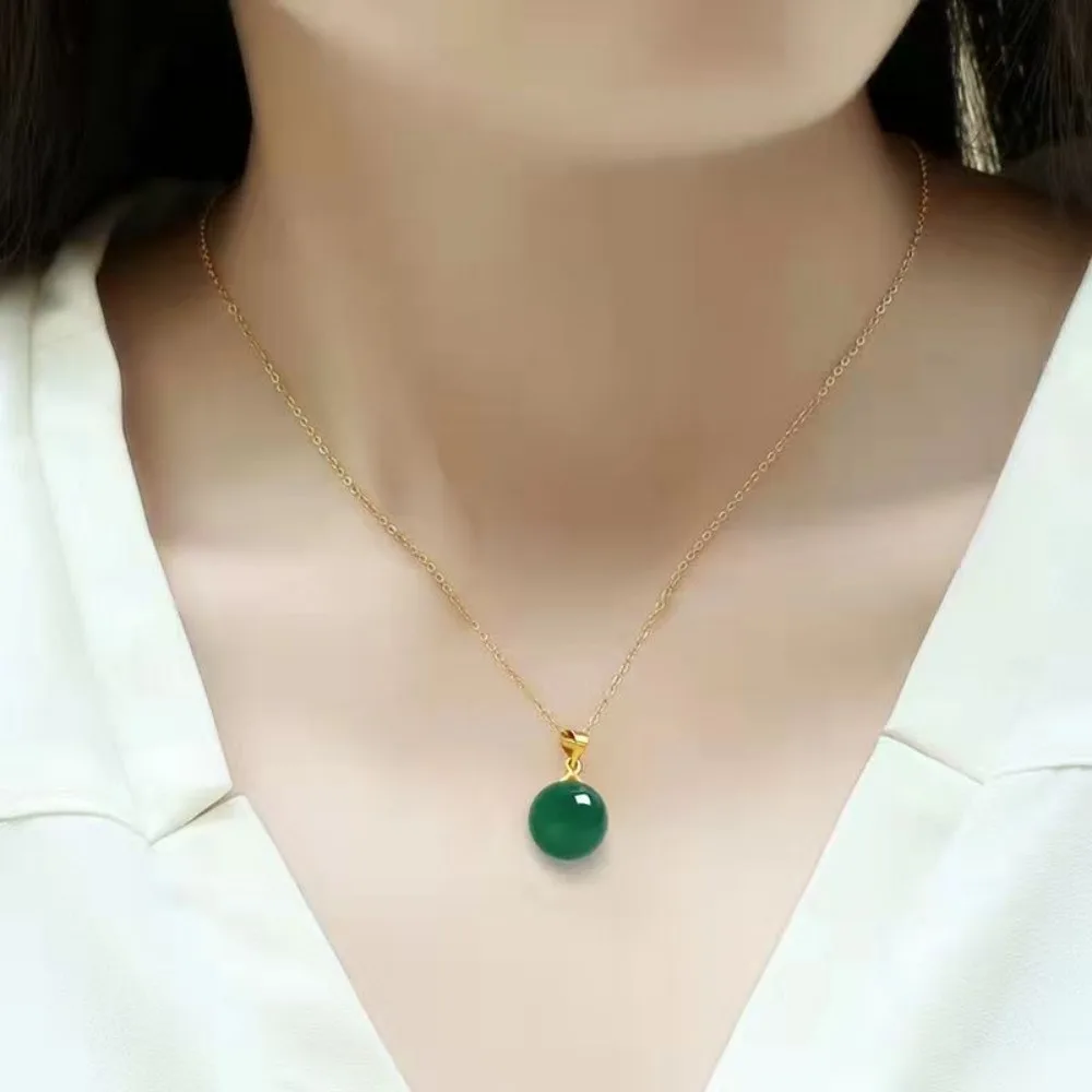 

Charms S925 Sterling Silver Necklace for Women Natural Stone Agate 12mm Bead Pendant Fashionable Collarbone Chain Gift Girls