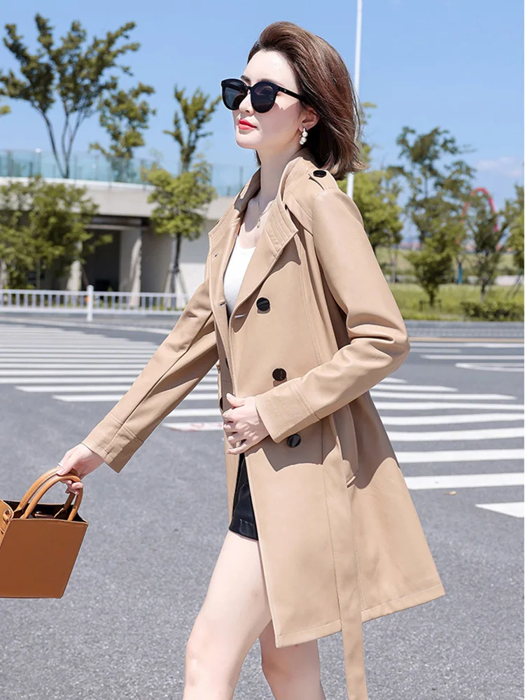 New Women Sheepskin Trench Coat Spring Autumn Fashion Stand Collar Slim Long Split Leather Tops Coat Casual Leather Outerwear