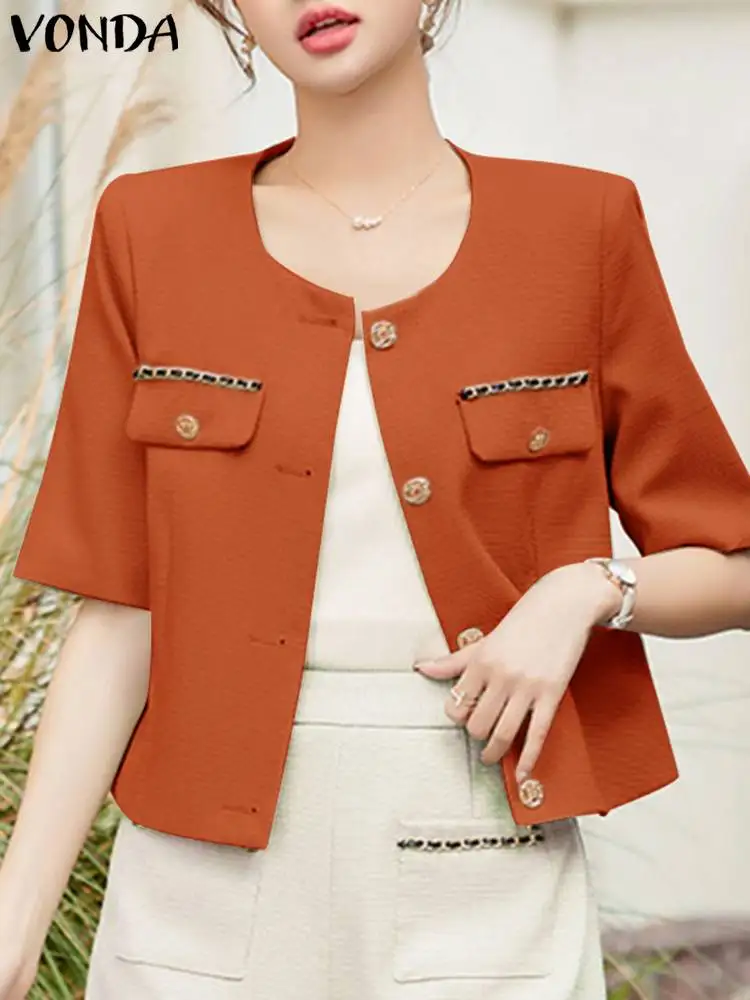 VONDA Elegant Office Shirts Women Blazer 2024 Fashion Short Sleeve Tops Solid Color Buttons Tunic Casual Loose Coats Oversized