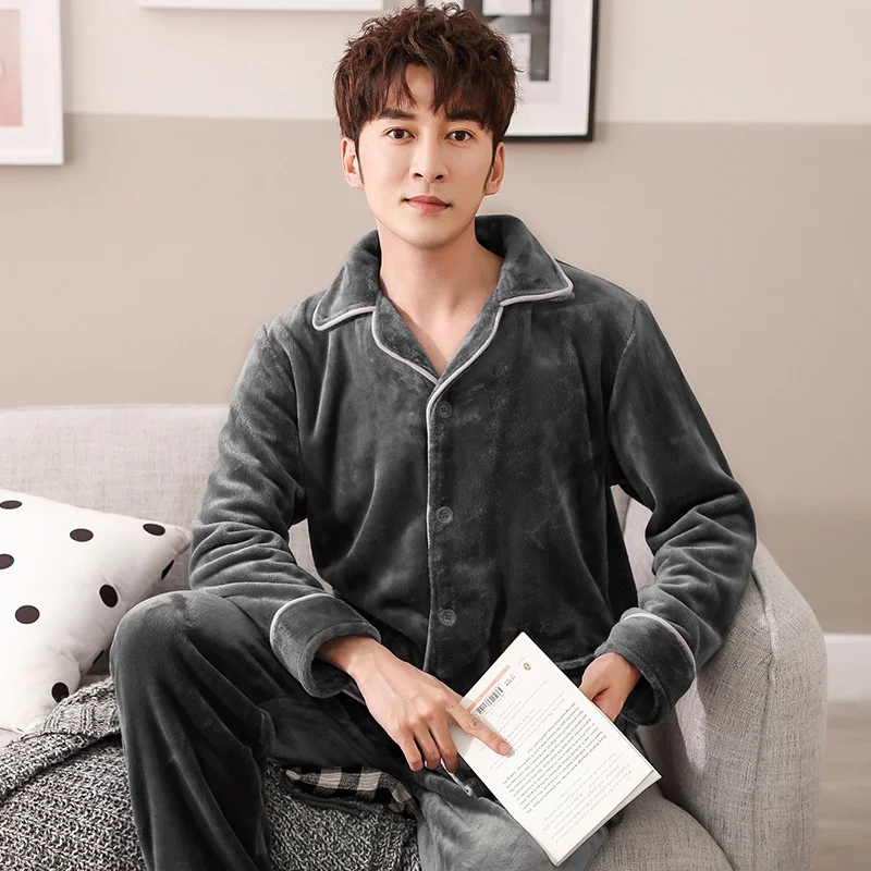 coral velvet pajamas men's autumn winter long sleeved cardigan lapel solid color flannel plush thickened warm home clothes