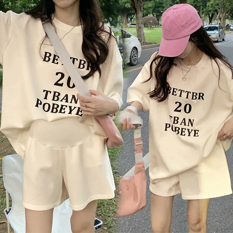 Summer Maternity Clothes Set Loose Fashion Letters Print T-shirt Belly Shorts Twinset Pregnant Woman Sports Pants Suits 2pcs Set