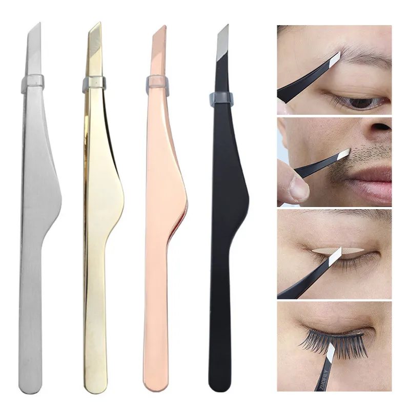 Eyebrow Tweezers Eyelash Tweezers Stainless Steel Double Eyelid Sticker Tweezers Makeup Tools Slant Tip Hair Removal Beauty Tools