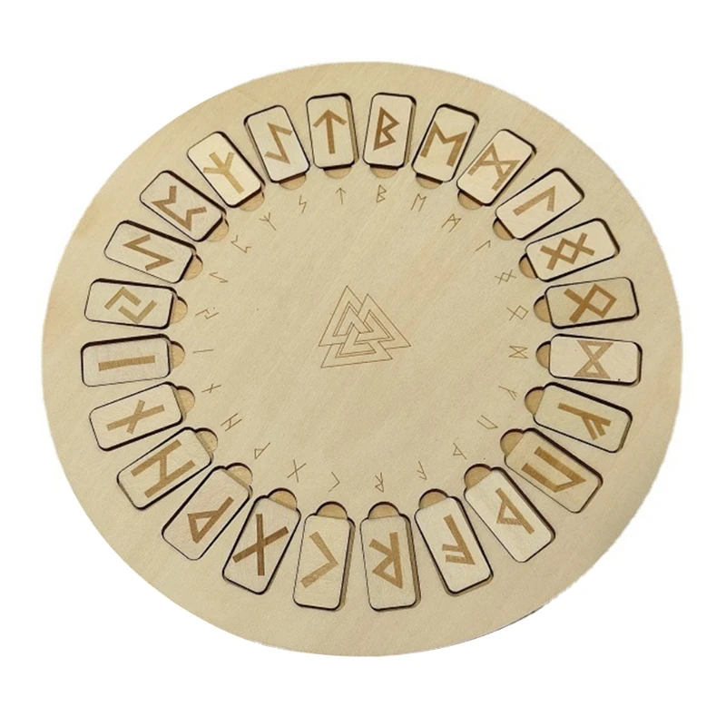 

Wooden Runes Divination Engraved Board Wiccan Symbols Signs Set Round Tile Fortune-telling Altar Witchcraft Supplies DXAF