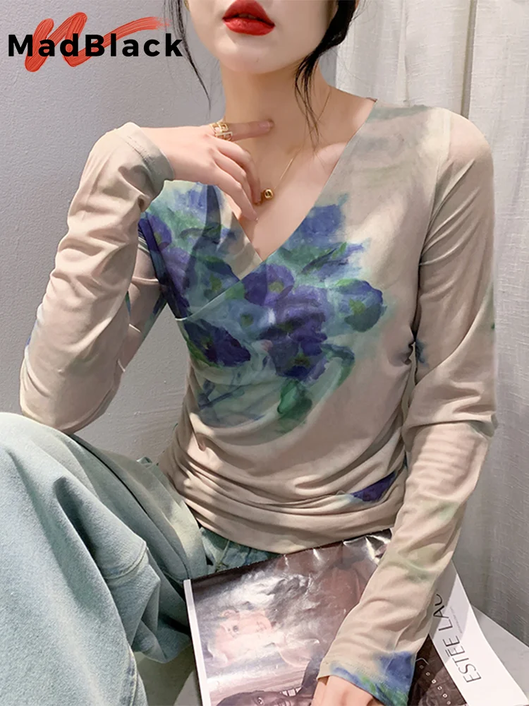 

MadBlack European Clothes Tshirt Women V Necks Print Ruched Slim Mesh Top Long Sleeve Elastic Tees New Autumn Spring T39101JM