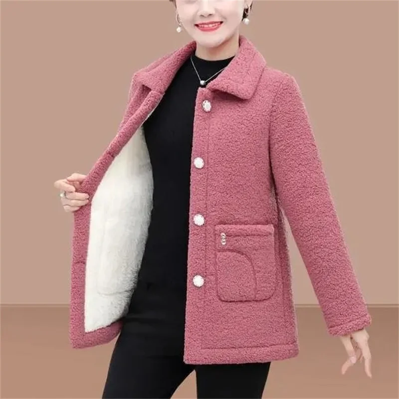 Winter Jacket Women Fleece Warm Lamb Wool Coat 2023 New Solid Long-Sleeved Outerwear Middle-aged Female Basic Coat Oversize