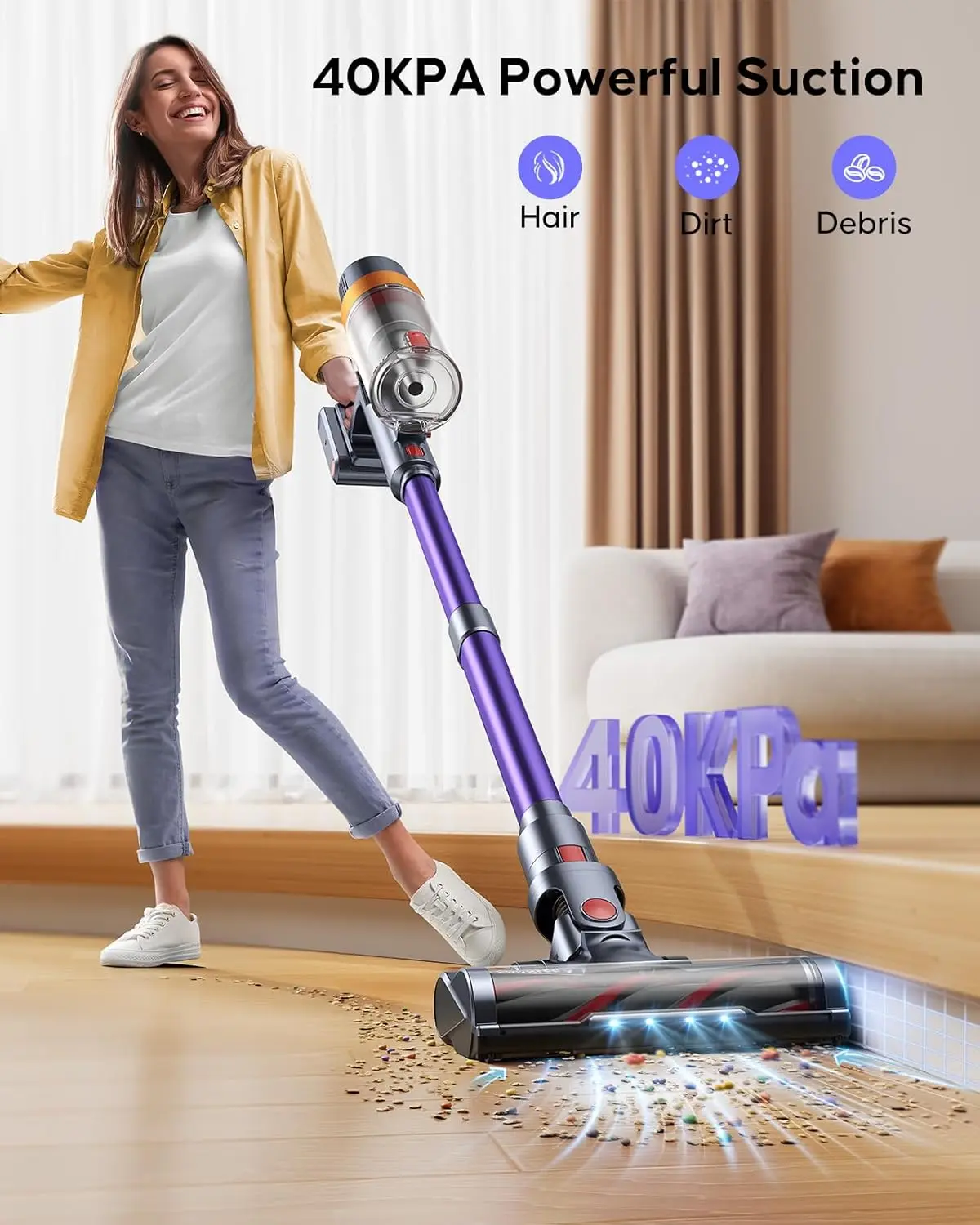 Vacuum Cleaner, 40Kpa Stick Vacuum Cleaner 450W Powerful Cleaner, Up to 55 Mins Runtime 1.5L Dust Cup Lightweight Cordles