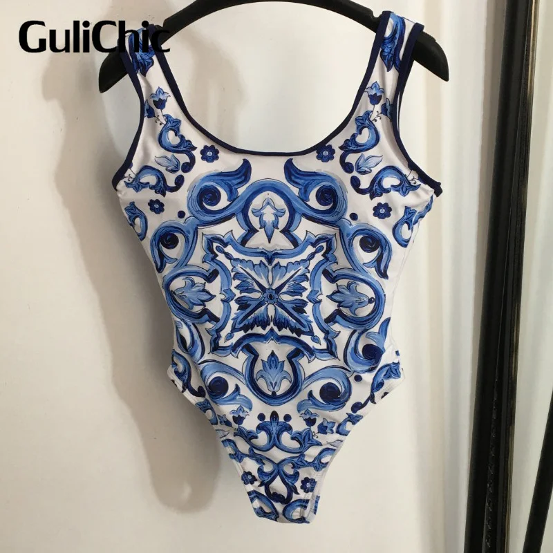 

8.22 GuliChic Women Blue Porcelain Print Sexy Backless Sleeveless Bodysuit With Brassiere Pad Swimwear