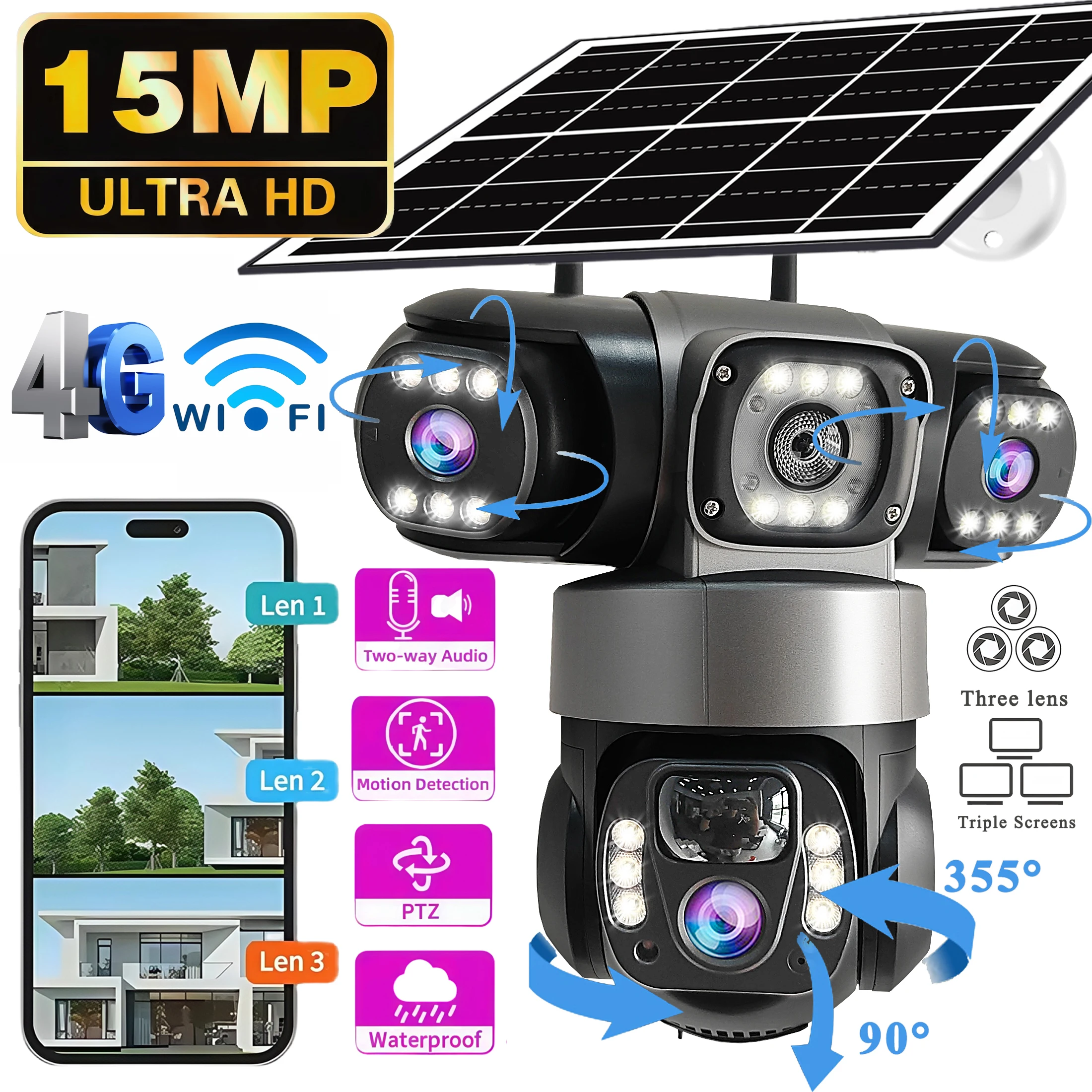 V380PRO 3 Lens WiFi Solar Camera 15MP 360 Outdoor Waterproof CCTV Night Vision Two-Way Audio Camera Mobile Tracking 4G IP Camera 1