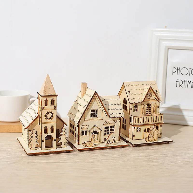 Mini Wooden House DIY Merry Christmas Decorations Luminous Cabin Christmas Tree Hanging Xmas Ornaments New Year Kids Gift